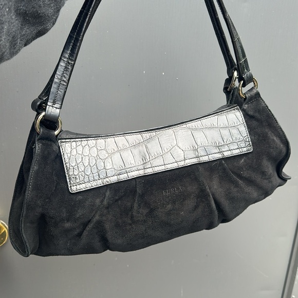 Vintage Furla Black Suede And Emboseed Crocodile Leather Shoulder Bag - Picture 5 of 14